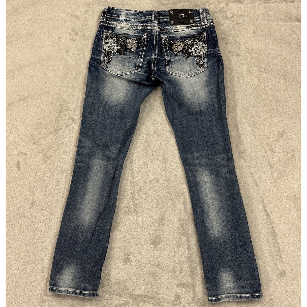 Miss Me Straight Low Rise Jeans Womens 27 Stretch Embellished Dark Wash Blue Y2K